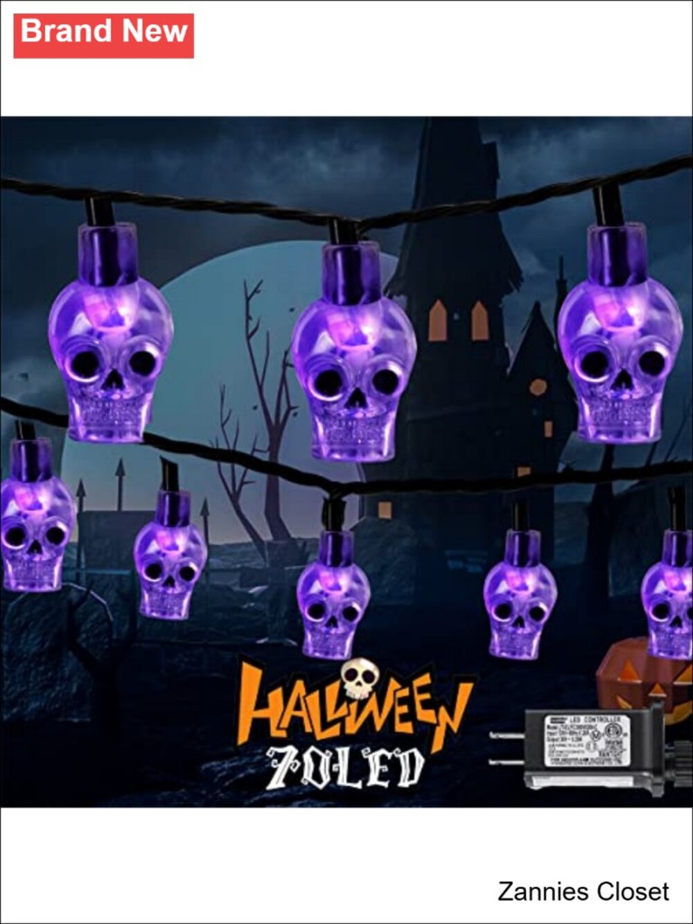 👻RECESKY 70 LED Skull String Lights 22.6ft Plug in Halloween Decor
